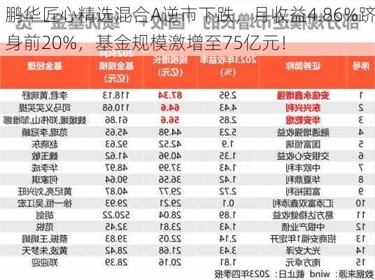 鹏华匠心精选混合A逆市下跌，月收益4.86%跻身前20%，基金规模激增至75亿元！-第1张图片-苏希特新能源