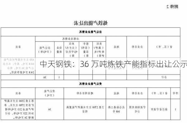 中天钢铁：36 万吨炼铁产能指标出让公示-第1张图片-苏希特新能源