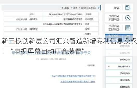新三板创新层公司汇兴智造新增专利信息授权：“电视屏幕自动压合装置”-第1张图片-苏希特新能源