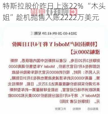 特斯拉股价昨日上涨22% “木头姐”趁机抛售入账2222万美元