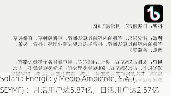 Solaria Energía y Medio Ambiente, S.A. (SEYMF) ：月活用户达5.87亿，日活用户达2.57亿-第1张图片-苏希特新能源