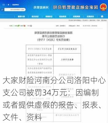 大家财险河南分公司洛阳中心支公司被罚34万元：因编制或者提供虚假的报告、报表、文件、资料-第1张图片-苏希特新能源