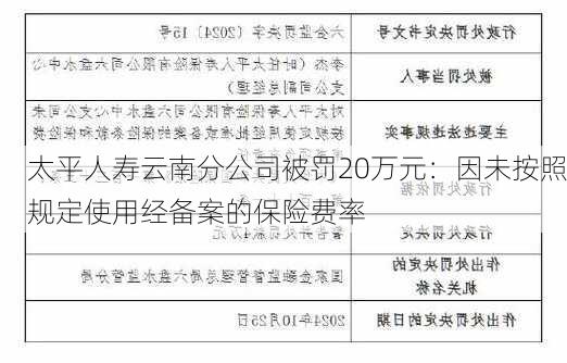 太平人寿云南分公司被罚20万元：因未按照规定使用经备案的保险费率